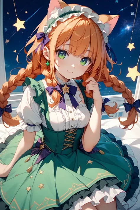  girl、2D、 orange hair、Cat ears、 braids、 cute、 sagitales、Eye color: Purple、The light in the eye is in the shape of a star、green lolita dress