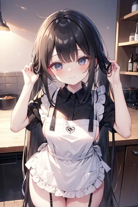 　Hairstyle((((Long straight hair ))))　 hair color(((black black)))　(((upper body apron lingerie)))　 full body visible　smile