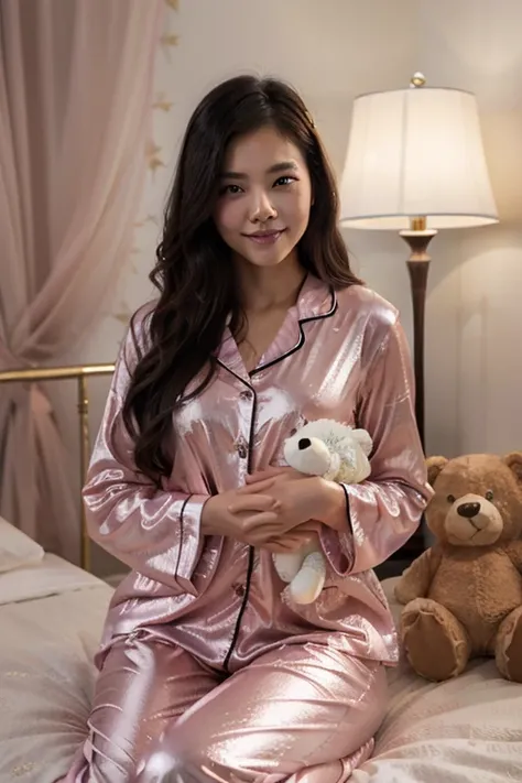 A realistic  images of beautiful sweet smile Asian woman, white skin ,long long black wavy hair, wearing shiny royal-pink terno pajamas suit,she's hugged a royal pink big giant teddybear with name "Goodnight Jeleny " written on it,sitting on shiny pink bed...