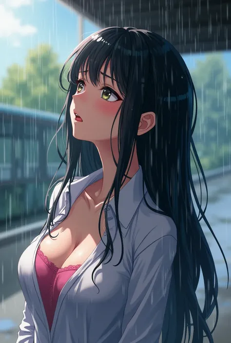  downpour　Long-haired dark-haired beautiful high school student with huge breasts　My face is wet and I feel the rain as if I'm crying while closing my eyes and looking up　 anime picture　Bathe in the rain like a saucer　The background shines in clear light e...