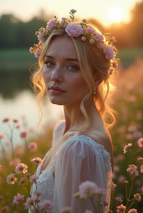 Märchenhafte Fee's stunning 4K cinematic photo, stunning flowers in bloom, against a serene natural backdrop, the gentle waves of a calm lake lapping at the shore, lush vegetation and vibrant wildflowers swaying in the gentle breeze, bathed in warm, golden...