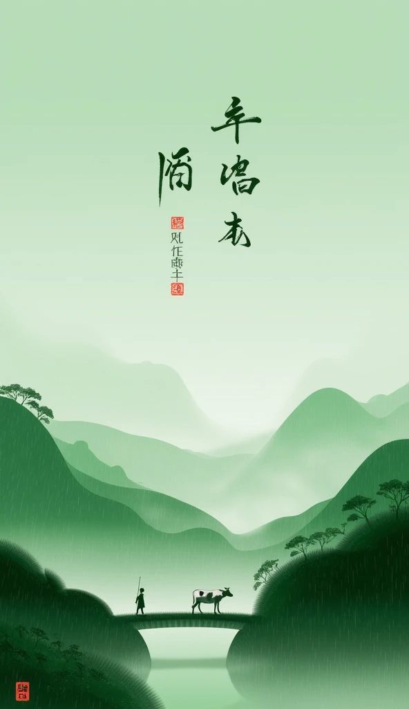 spring,Ching Ming Festival, The background is green rolling mountains and mountains ,It&#39;s drizzling,Male shepherd riding a cow on a small bridge at the foot of the mountain,The main body of the picture is “Qingming” with two lines of calligraphic Chine...