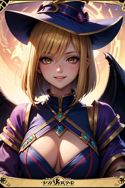 (( best quality)), (( masterpiece )), (detailed), (4k), (8K), 1girl,  Animé girl, beautiful, glowing face and skin,  medium breasts, make-up,  blond hair, (( bob haircut )),  smiling,  yellow-eyed, mature look, ((detailed dark magician dress and hat by Yug...