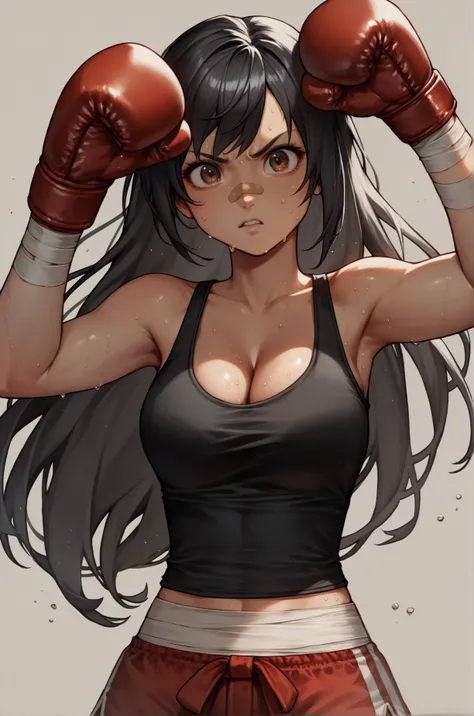 score_9, score_8_up, score_7_up, 1girl, cute face, solo, black hair, long hair, hazel eyes, face bandaid, black tank top, boxing shorts, red boxing gloves, bandage hands, cleavage, sweat, standing, action pose, upper body, (from front:1.5), dark background