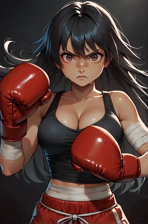 score_9, score_8_up, score_7_up, 1girl, cute face, solo, black hair, long hair, hazel eyes, face bandaid, black tank top, boxing shorts, red boxing gloves, bandage hands, cleavage, sweat, standing, action pose, upper body, (from front:1.5), dark background