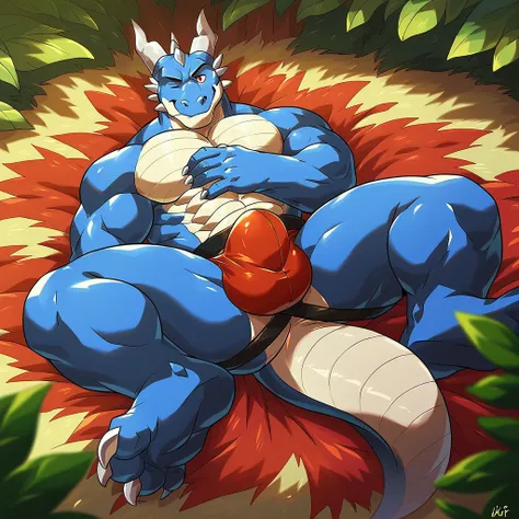 score_9, score_8_up, score_7_up, score_6_up, furry, male, anthro, bara, full body, muscular, in a forest, tail, dragon, detailed scales, detailed background, by wfa, 4 toes, laying, on back, front view, legs spread, blue body, claws, tight butt, only weari...