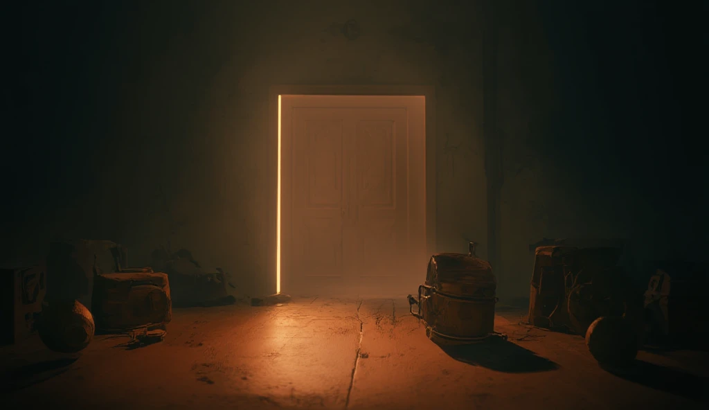  A mysterious and slightly sharp scene ， Set in a dark room ，The retro decor 。 foreground is a wooden table ， The gold and subtle neon lights at the doorway 。 ， adds a nostalgic 、 with a slightly black film vibe 。In the background， A door shines through so...