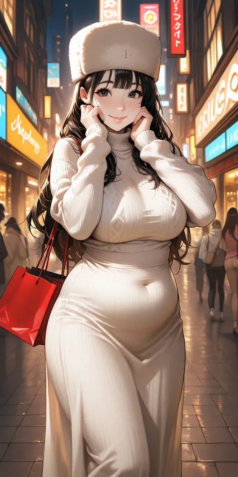   masterpiece,  top quality,  High Contrast , Married Woman,  plump chest,   black hair,  long hair,bangs,  glossy lips, Fluffy white Ushanka ,   white knitted long dress , smile,  big butt, charming style  ,White arm guards,Bright city,  dark brown eyes, ...