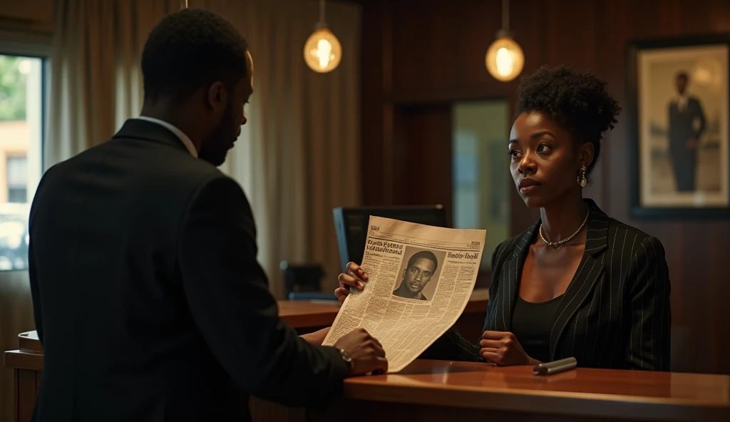 A dramatic shot of the hotel reception desk during the daytime. The Black South African receptionist from earlier, now visibly shaken, stares in shock at the old newspaper article Kabelo is holding in front of her. Her eyes widen, her lips slightly parted,...