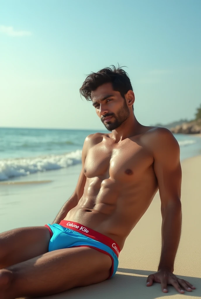   The boy Laying on beach Side view Morning seen  very young Indian 
  adult   handsome  boy  with  6 pack ab  laying on beach in morning  on beach , very very handsome as much as possible, uncovered without a shirt and remaining in sky   blue    plus red ...