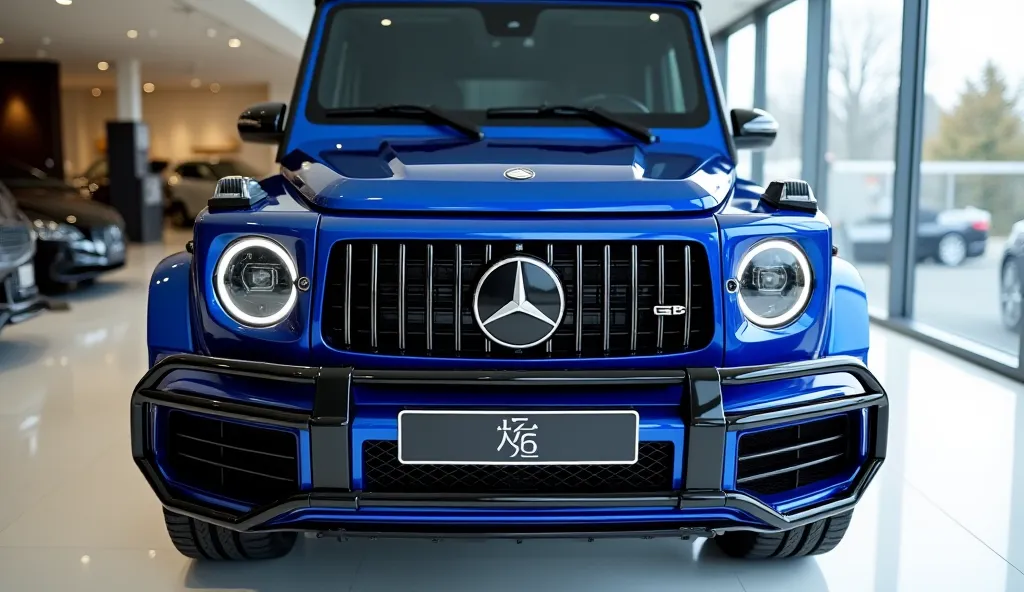 1970Close  front up view of painted " blue " with shiny clour   2025Mercedes AMG G63 sleek in large shape sedan in large size with g63 logo on its large detailed grille in shiny white clour with angular sporty design captured from close front view with mod...