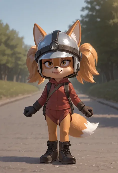 Tails The Fox, a young woman standing outside with a helmet on while a man stands behind her., outdoors, blurry background, realistic, blurry