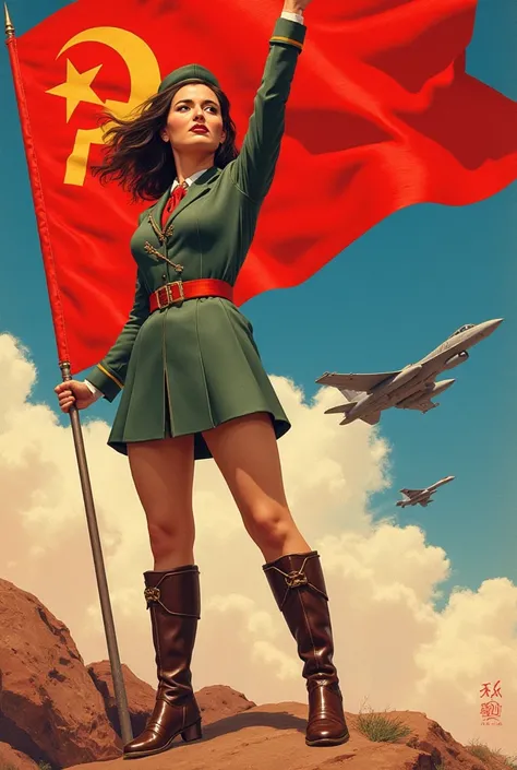 CCCP poster, soviet poster,  USSR flag in the background  , USSR poster, Soviet Union poster,  October Revolution  , ((CCCP poster, Soviet poster )) (semi-black a girl madura) poster de propaganda , poster,  Soviet flag on the pole  ,  blue sky with jet fi...