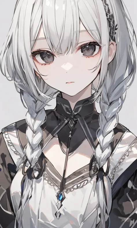  girl、front、From the chest up、silver hair、 braids、 black eyes、 expressionless、 simple background