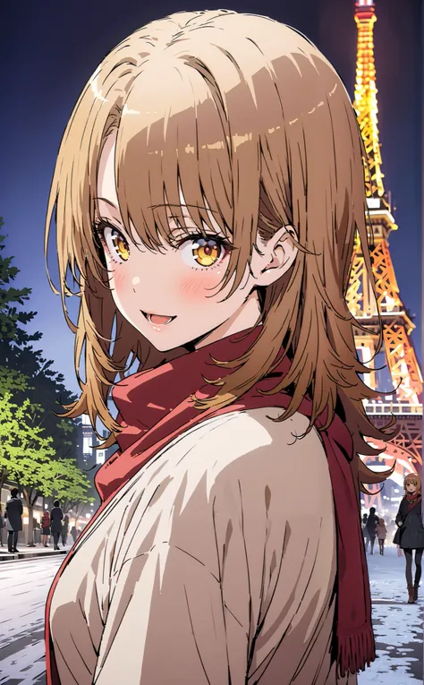 Irohaisshiki, Isshiki Iroha , long hair,  brown hair,  brown eyes,smile, open your mouth,,blush, White Breath,White Coat, sweater, red scarf,Black long skirt,boots snow, Tokyo Tower ,building, standing,whole bodyがイラストに入るように,
break outdoors, City,
break loo...