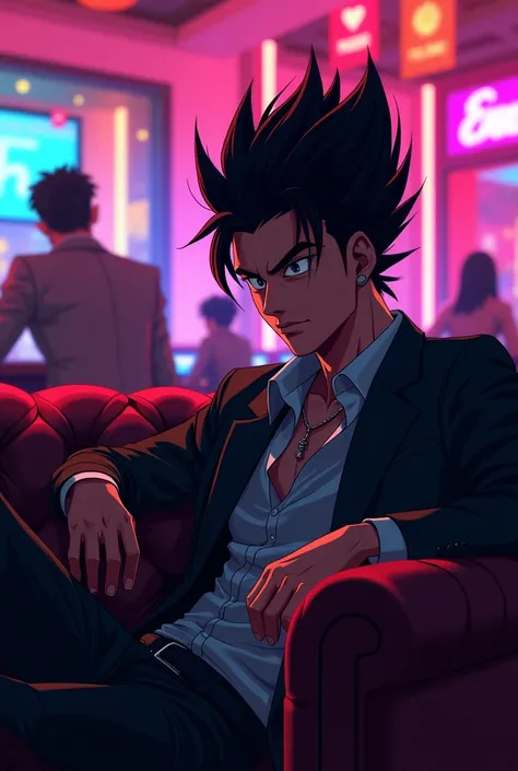 A 2D anime-style image, inspired by Dragon Ball, set in a luxurious and energetic nightclub. The scene should feature vibrant neon lights flashing in a lively atmosphere, with a mix of sharp lines and bold colors. The bar is bustling with wealthy patrons, ...