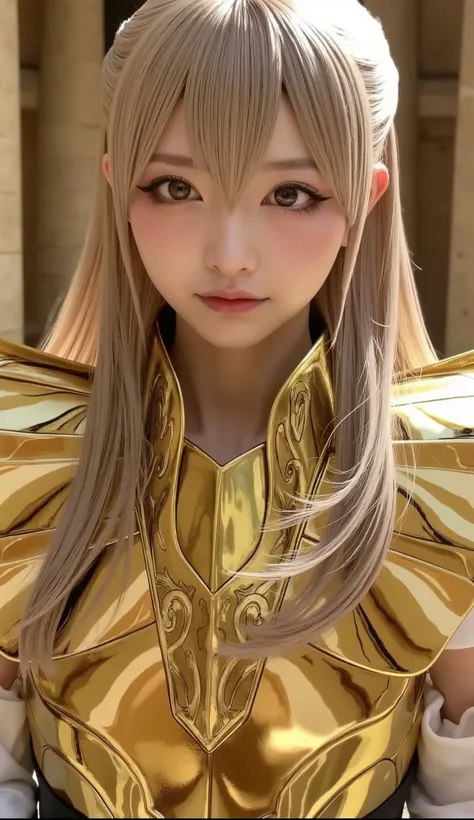(Korean woman who cosplayed as Shaka from Virgo Balgo), ((live-action)),(Young face),((( close my eyes))),(( full body shot on one side)),((Ancient Greek Temple )),(( shooting star, Milky Way)),(((Golden Shining Armor))),( perfect body),(( while zazen)),( ...