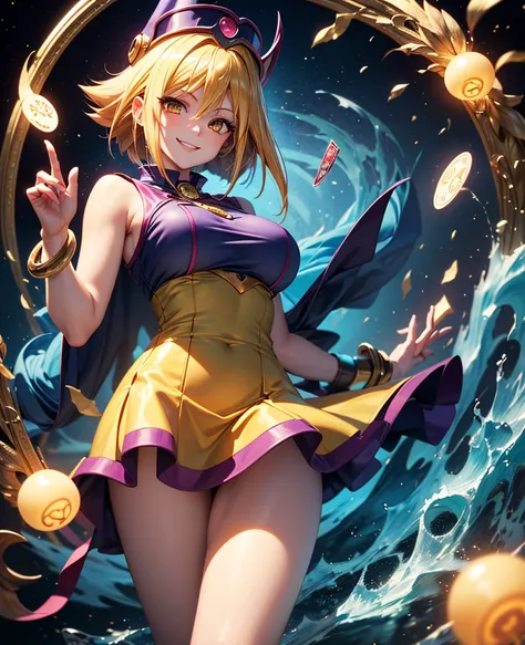 (( best quality)), (( masterpiece )), (detailed), (4k), (8K), 1girl,  Animé girl, beautiful, glowing face and skin,  medium breasts, make-up,  blond hair, ((Bob-style cut)),  smiling,  yellow-eyed, mature look, ((Dark Magician short dress and hat by Yugi O...