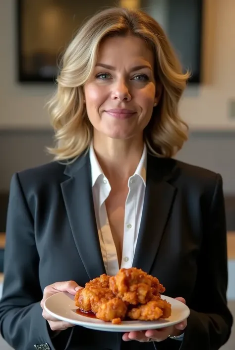 mature woman in formal suits, fully clothed, eating Spicy fried chicken from basket, covered gigantic breasts, Hi3GB