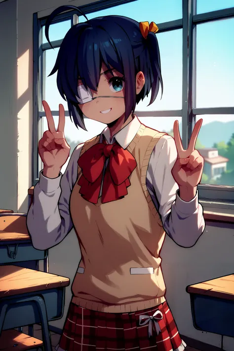  top quality,   Rikka Takanashi  ,  medical eyepatch ,  one side up,  short hair, stupid hair,  check skirt, Ruffles at the hem of her skirt, ribbon,  black hair, 屋内で, School, classroom, window,  big smile, V sign on the head, 