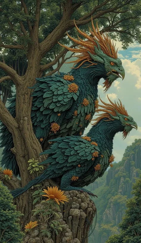 Animals Legendary Mythological Creatures , a mighty Dragon with rooster head ,green, blue,  intricate black and orange soft feathers, large perched banyan tree, oil painting style, Ancient Java . 