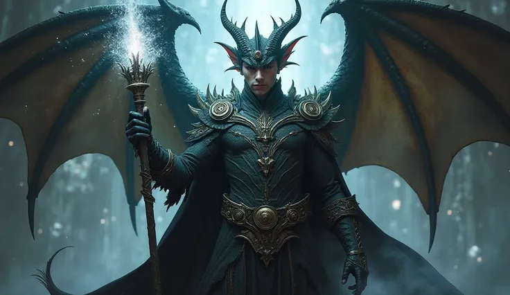 Powerful young male draconian demigod warlock, standing tall and mighty, exuding a sense of dominance and power. Clad in elaborate, dark robes adorned with mystical symbols, his dragon-like features include scales, horns, and wings. He holds a staff pulsat...