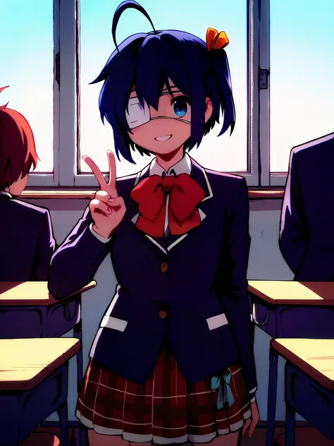  top quality,   Rikka Takanashi  ,  medical eyepatch ,  one side up,  short hair, stupid hair,  blazer,  check skirt, Ruffles at the hem of her skirt, ribbon,  black hair, 屋内で, School, classroom, window,  big smile, V sign on the head, 