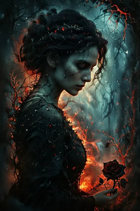 black roses in frost, gothic, evil ice queen, gloomy, twilight, dark fantasy style, winter fire, blizzard, snakes, night, blurred reality, fading away, Tree roots as veins, sad girl, broken heart girl, ripped up red roots as veins, Trypophobia, Anna Dittma...