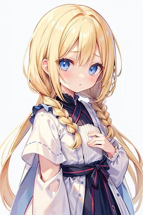  girl、front、From the chest up、blonde hair、 braids、Blue Eyes、 expressionless、 zitoida、 simple background