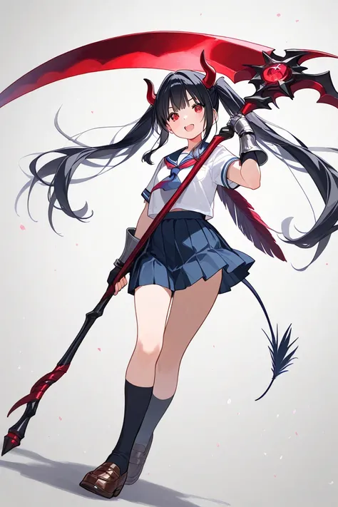    black hair、  gauntlet  、  high school girl、devil、 Ram&#39;s horn、  twin tails、 holding a large scythe 、Monster Feather、  full picture