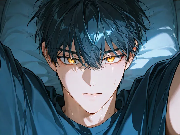 4k , 8k , (only 1male short blue black hair orange eyes) , random hair style , bedroom environment , cool light , novel , manhwa , handsome man , very details , good focus , hair details , very anime eyes detais  , ตรงตามกายวิภาคมนุษย์ ,ร่างกายสมส่วน , med...