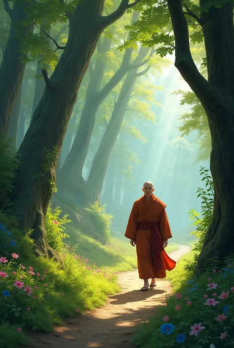 Cut to the monk walking along a narrow path, surrounded by flourishing nature.