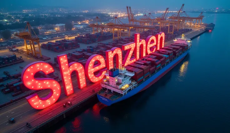 Aerial shot of a cargo port with cargo ship in it, the cargo port has the word " Shenzhen" written in the port in 3d letters, in bright colorful lights, shadows creating a dramatic, inviting atmosphere, dramatic lighting, bright and inviting to capture att...