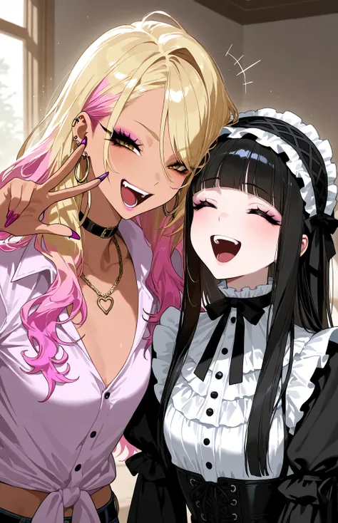 sfw,gyaru,cool beauty,2 women,Gothic_lolita,black hair,small breast, w,upper body, laughing,