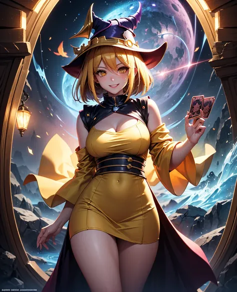 (( best quality)), (( masterpiece )), (detailed), (4k), (8K), 1girl,  Animé girl, beautiful, glowing face and skin,  medium breasts, make-up,  blond hair, (((Bob-style cut))),  smiling,  yellow-eyed, mature look, ((Dark Magician short dress and big hat by ...