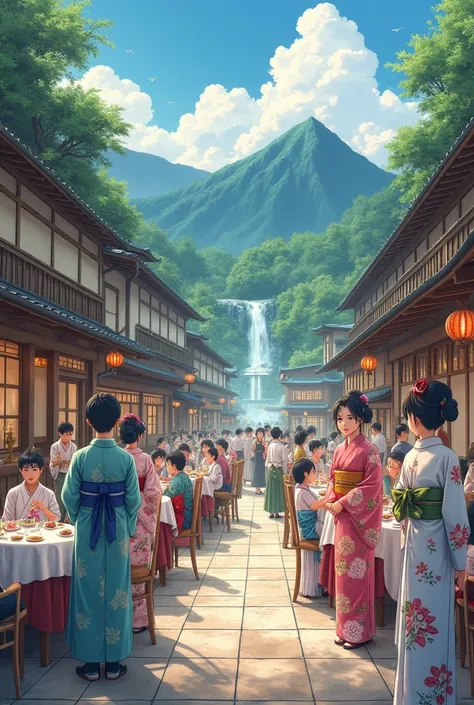 Beauty、banquet、 hot spring town、In the mountains、 anime style
