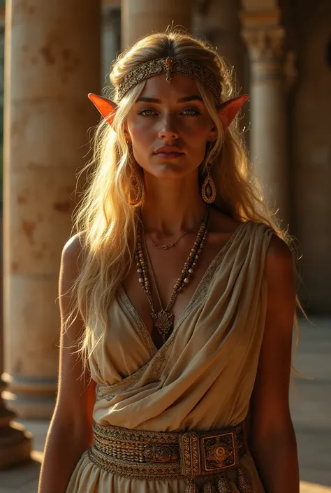 Upper body shot, North African woman, pointed elf ears, caramel skin, blonde hair, closed mouth, ancient Greek noble attire, Greek jewelry, dynamic pose, complex fantasy character, NSFW, cinematic lighting, fantasy, magic, detailed background, in ancient G...