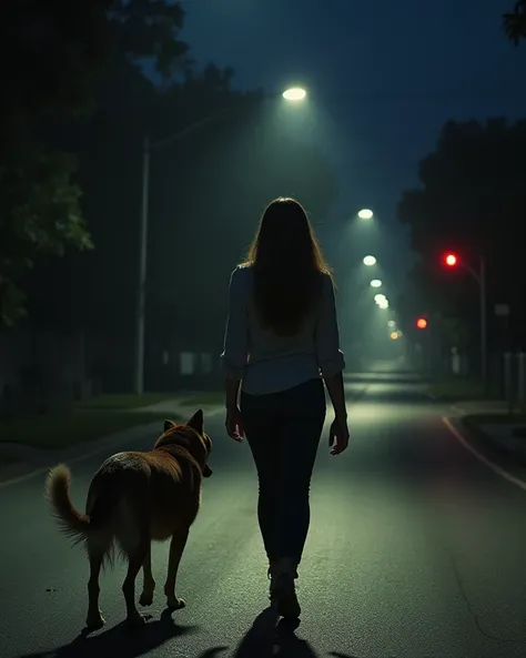 "A young woman is walking home alone at night on a dimly lit street. She looks scared and vulnerable as a group of mischievous men surround her, harassing her. The streetlights cast long shadows, creating a tense and eerie atmosphere. A brave dog, growling...