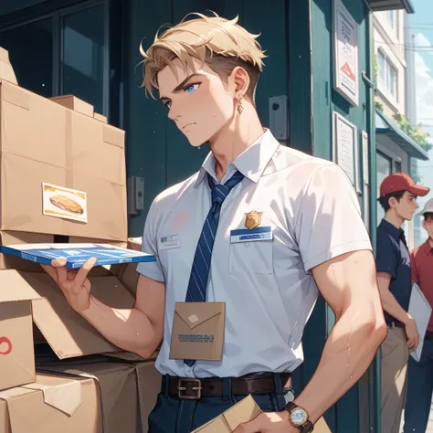  sprinting、Delivery Person、 boys、sweat、hard、Earrings、 Yankee、serious、Cardboard delivery、whole body