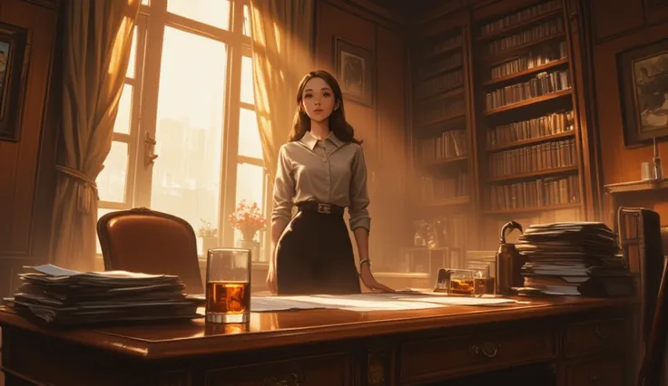 A vintage wooden office scene, with an elegant and professional atmosphere. In the center, a beautiful secretary stands beside a large, polished antique desk made of rich, dark wood. The desk is cluttered with papers, a glass of amber-colored liquor, and a...