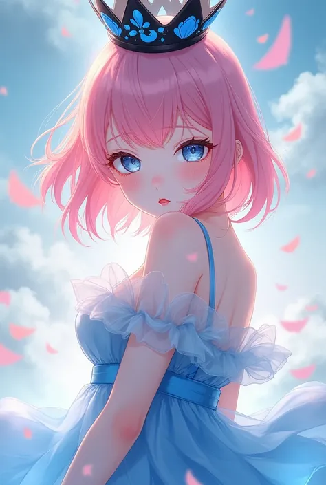  Female anime with blue and black crown, pink hair,  blue dress , Pink-cheeked   