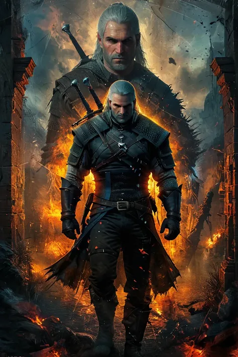 Masterpiece oil painting. Geralt of Rivia from The Witcher 3, depicted in a dynamic and expressive pose, set against a richly detailed environment that enhances the character's presence 