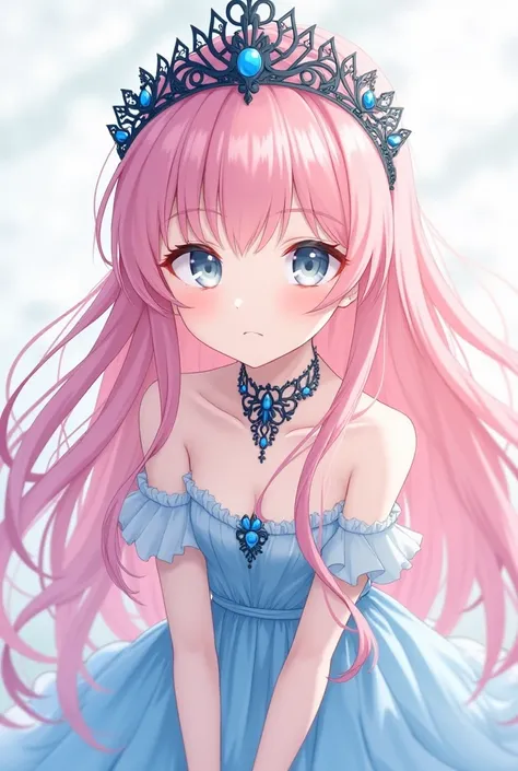  Female anime long pink hair,blue crown with black , blue dress ,  in love ,with gray eyes  