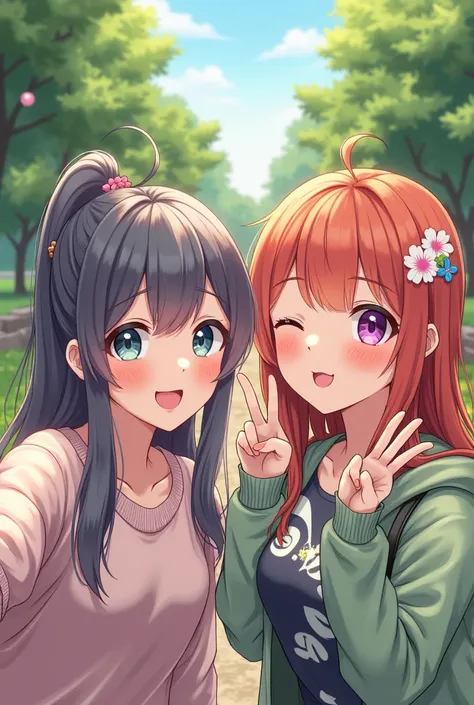 Two anime sisters taking a selfie in a park, one smiling with their hand doing the peace sign, the other playfully sticking out their tongue with one eye closed