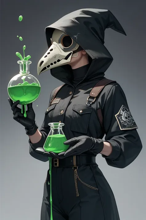 Tall skinny man. Plague Doctor Mask. Wearing a black fitted protective suit.  wearing black gloves. she has a . A flask with green liquid in my hands 