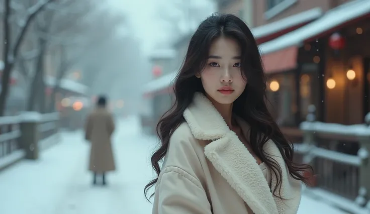  winter cafe with a cream-colored long coat and white shawl. The man is walking alone on a snowy road. The woman has a sad expression..,woman looking at camera, Her long, silky soft hair covers her face, Big boobs , clean skin, beautiful eyes,Smart nose, s...