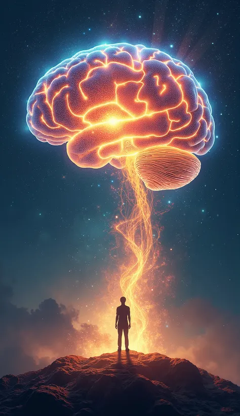  A highly detailed digital illustration of a human brain glowing with neural connections forming like electric circuits. The brain appears to be growing and expanding, symbolizing learning and neuroplasticity. The background is a cosmic space with energy w...