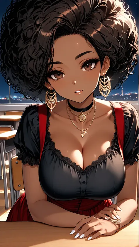 1Woman, Mature, Adult, Ebony, African American, Dark Tone Skin, Jet-Black Afro, Big Afro, Dark Brown Eyes, White Nails, Dark Brown Eye Shadow, Big Chest, Red dress, Black Blouse, Black Choker, Looking At Viewer, Bored, Light Smile, Teeth, Parted Lips, Glin...