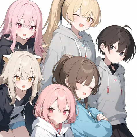 4 students  /  student 1: pink hair with harmony,White  / student 2: brunette,  gray hoodie from hell / student 3: Black 머리, White 셔츠/ student 4:  blond hair, Black /  stylish home background  / 4 students