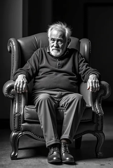 In the white and black photo, the old man is sitting on an old armchair. It should be high quality and high resolution. His feet are visible